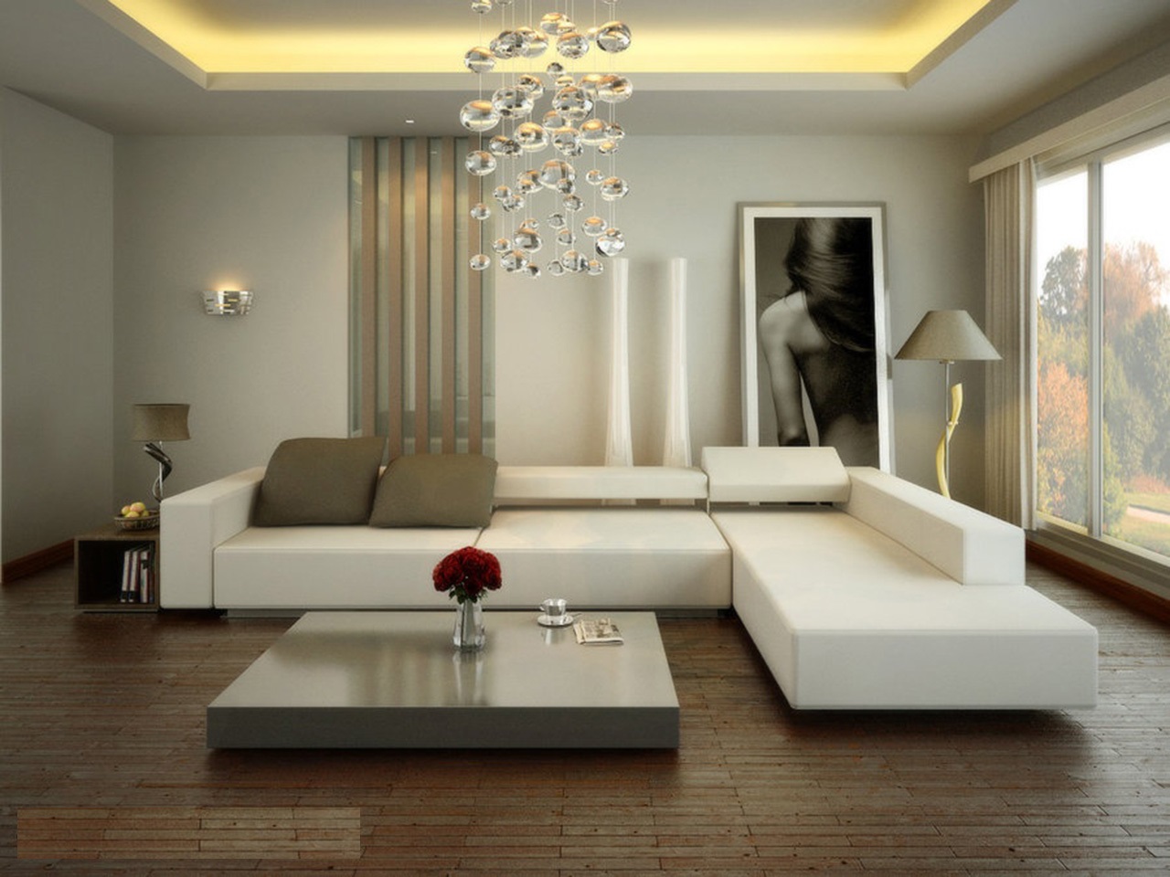 contemporary living room with white furniture