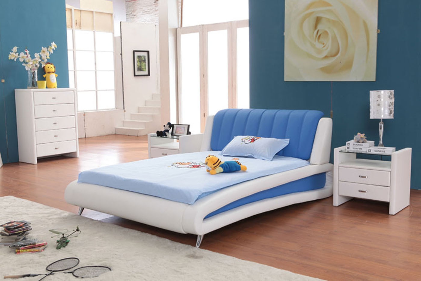 white and blue bedroom furniture