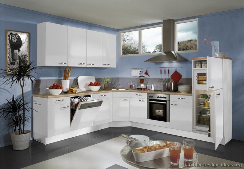Unique White Kitchen Cabinets And Blue Walls 