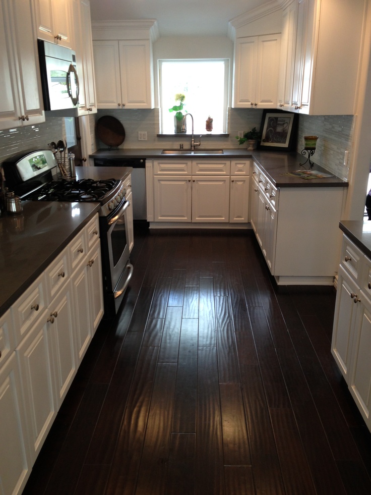 Kitchen white cabinets dark floors | Hawk Haven