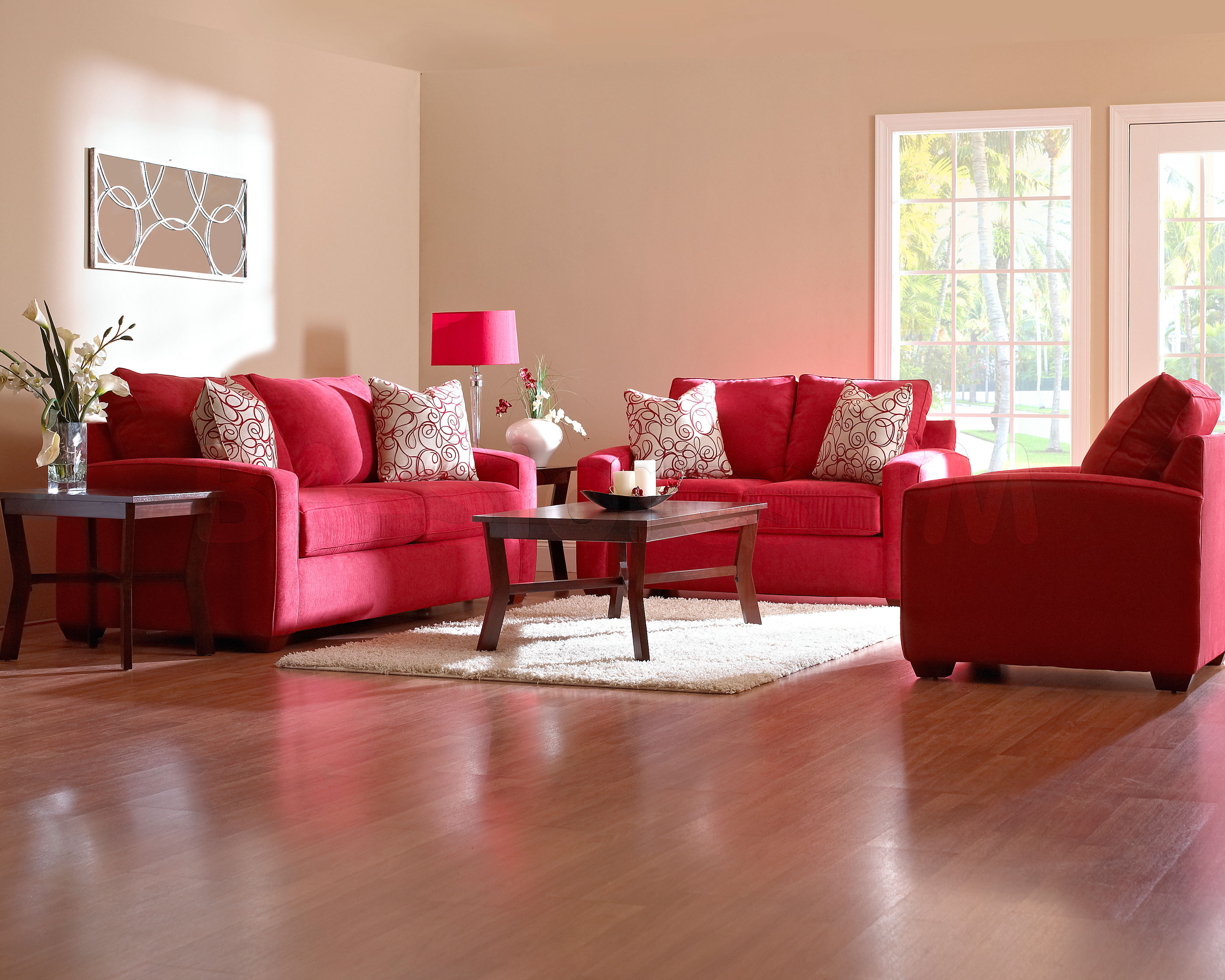 Red Sofa And Cherry Wood Living Room