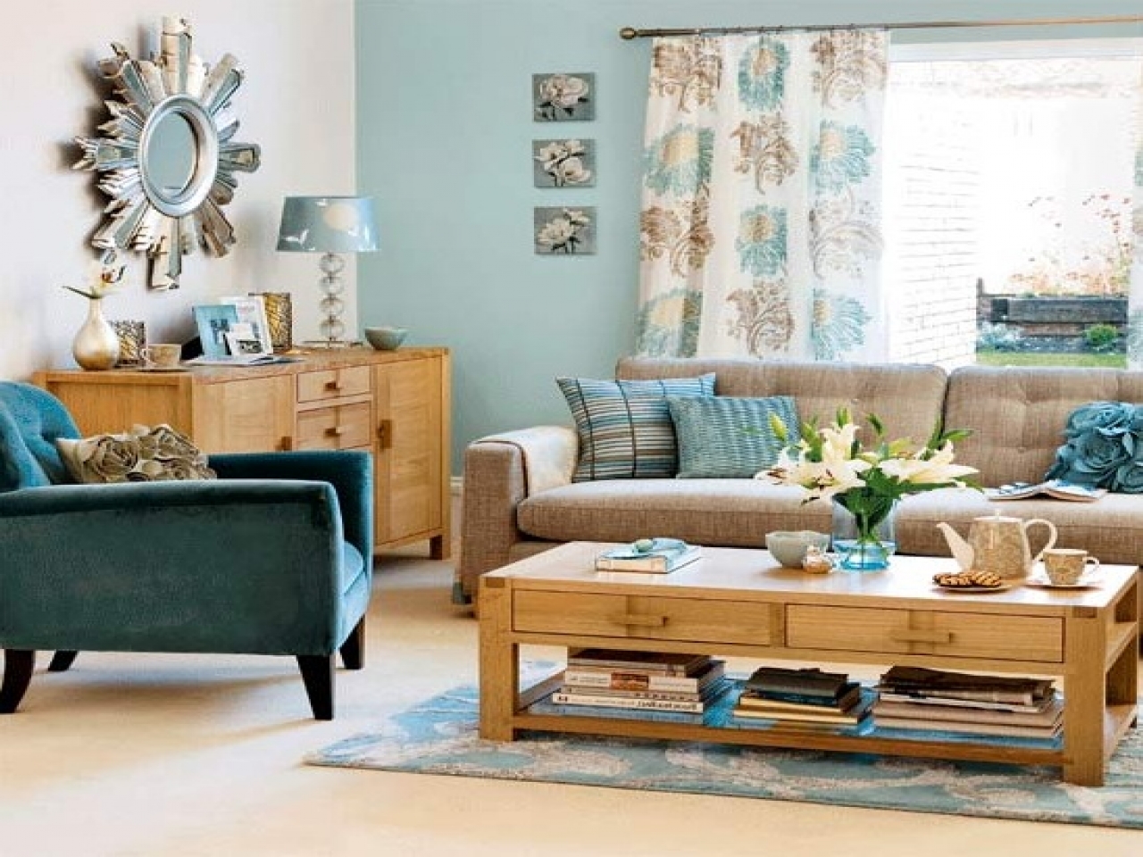 Blue Living Room With Wood Blinds