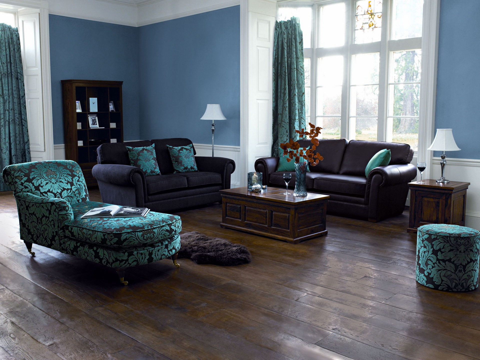 Sky Blue And Brown Living Room