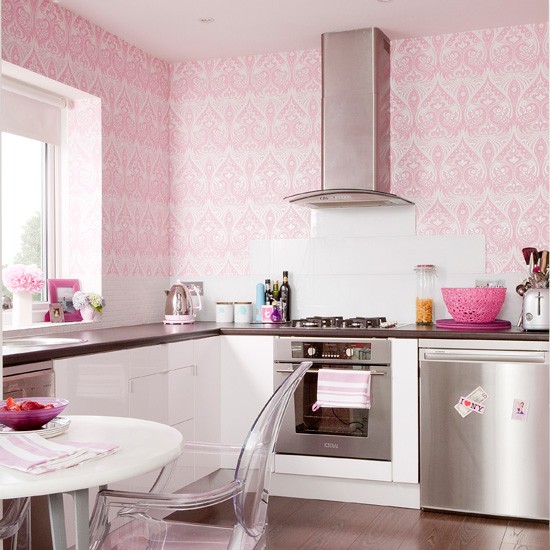Pink girly kitchen wallpaper
