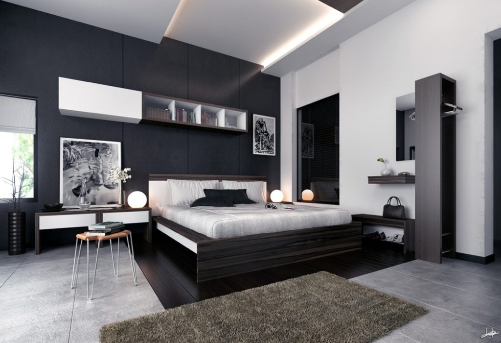 Black and white room with brown furniture
