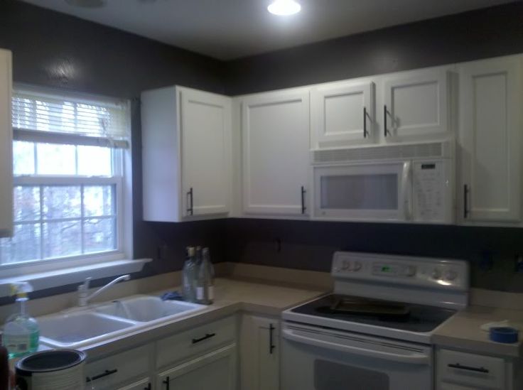 Black kitchen cabinets and gray walls