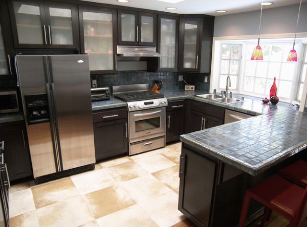 Black kitchen cabinets with glass