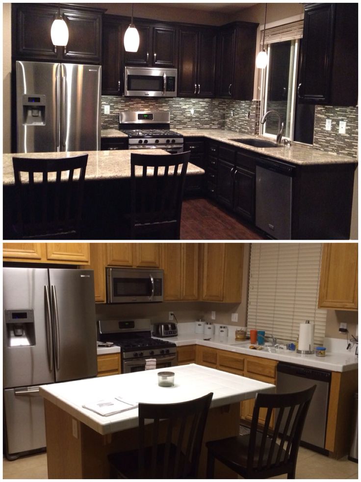 Black kitchen cabinets with light countertops