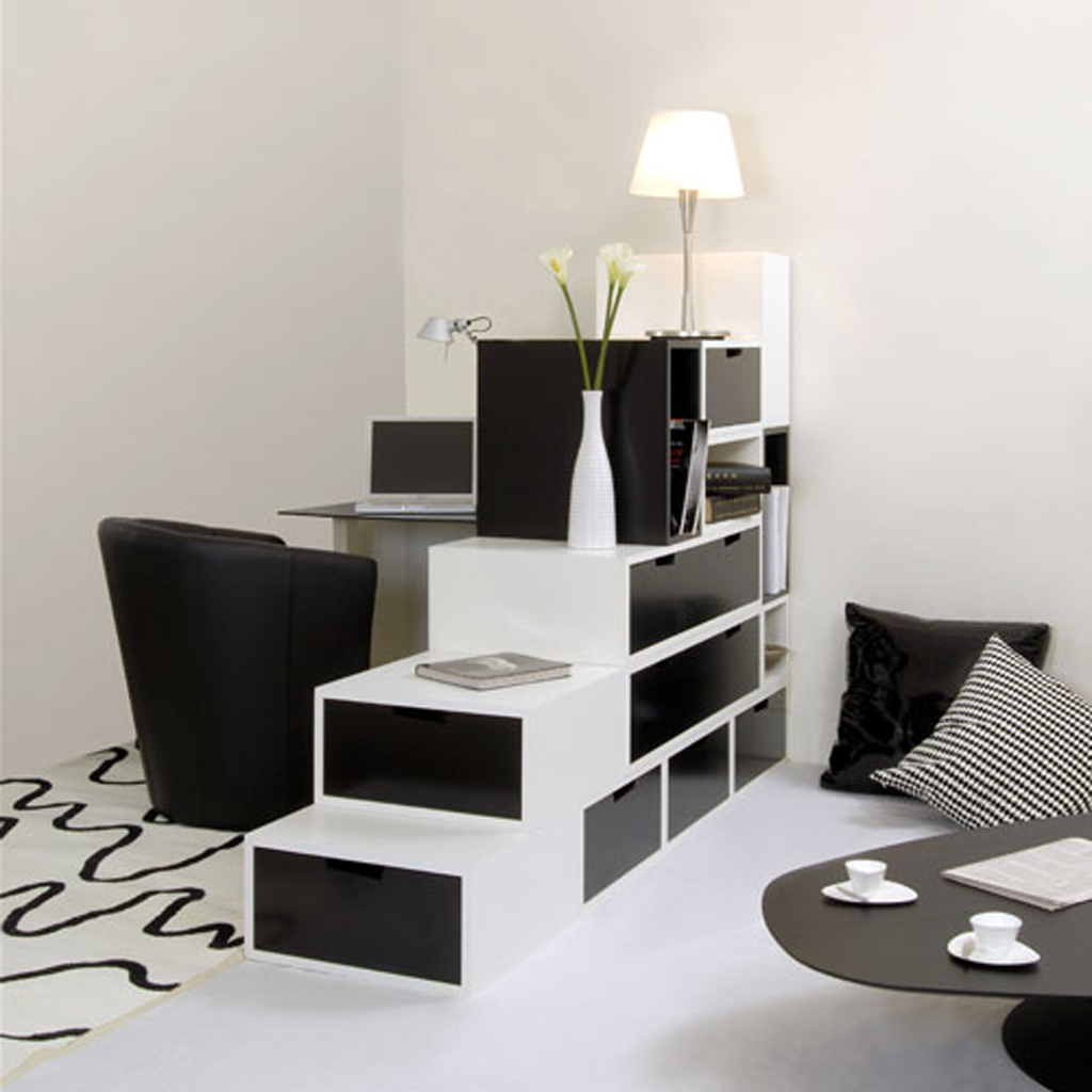 White room with black furniture