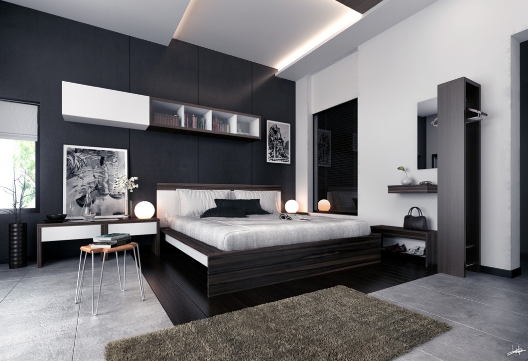 black and white room with brown furniture photo - 1