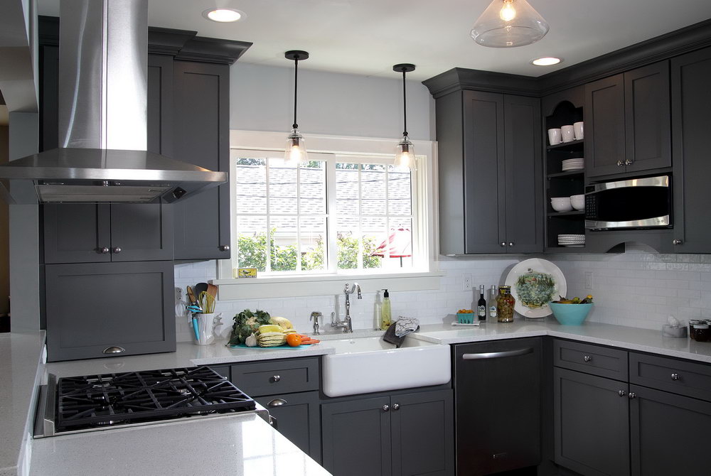 black kitchen cabinets and gray walls photo - 6