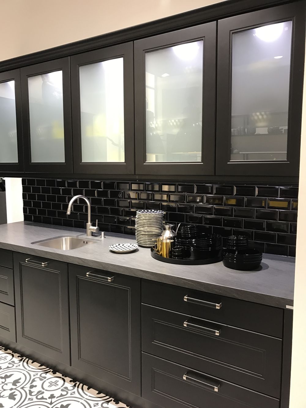 black kitchen cabinets with glass photo - 3