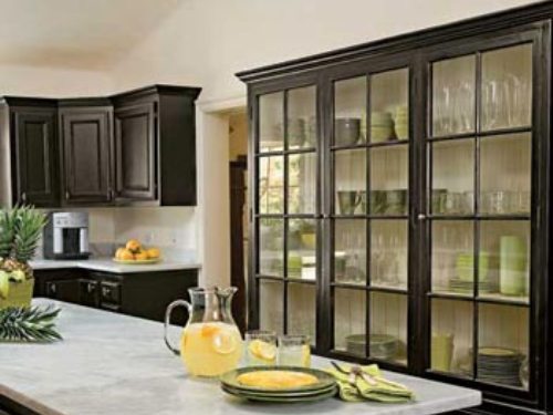 black kitchen cabinets with glass doors photo - 6