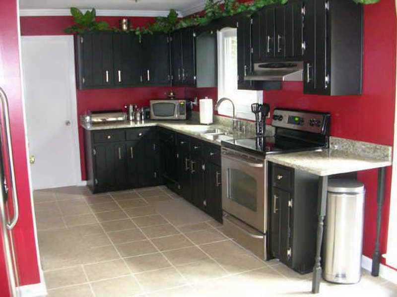 black kitchen cabinets with red walls photo - 7