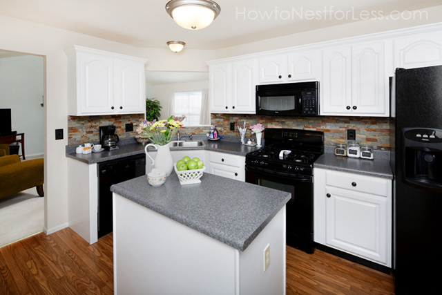 black kitchen cabinets with white appliances photo - 4