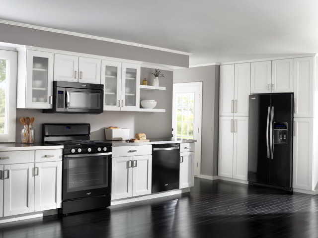 black kitchen cabinets with white appliances photo - 5
