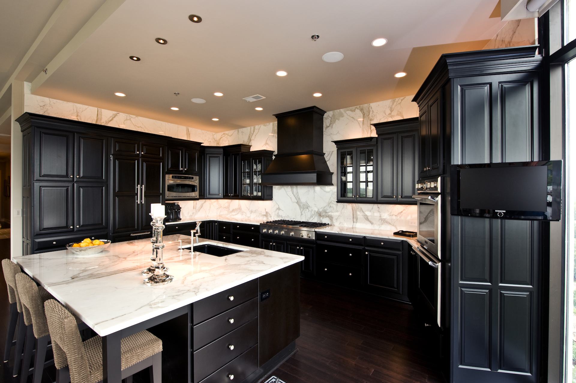 black kitchen cabinets wood floors photo - 6