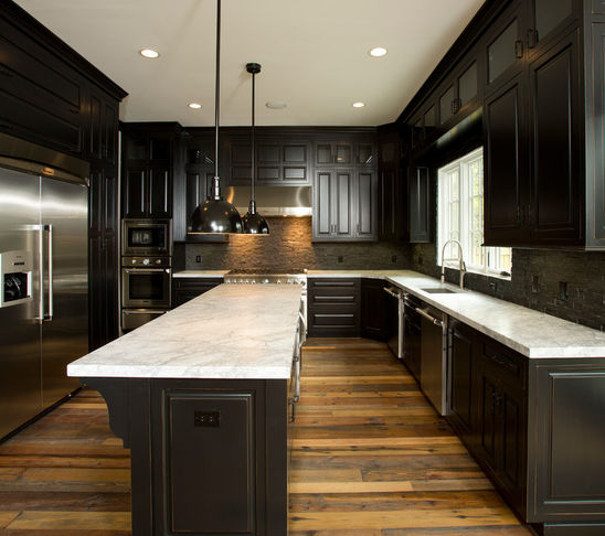 black kitchen cabinets wood floors photo - 7