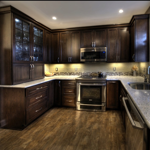 black kitchen cabinets wood floors photo - 9