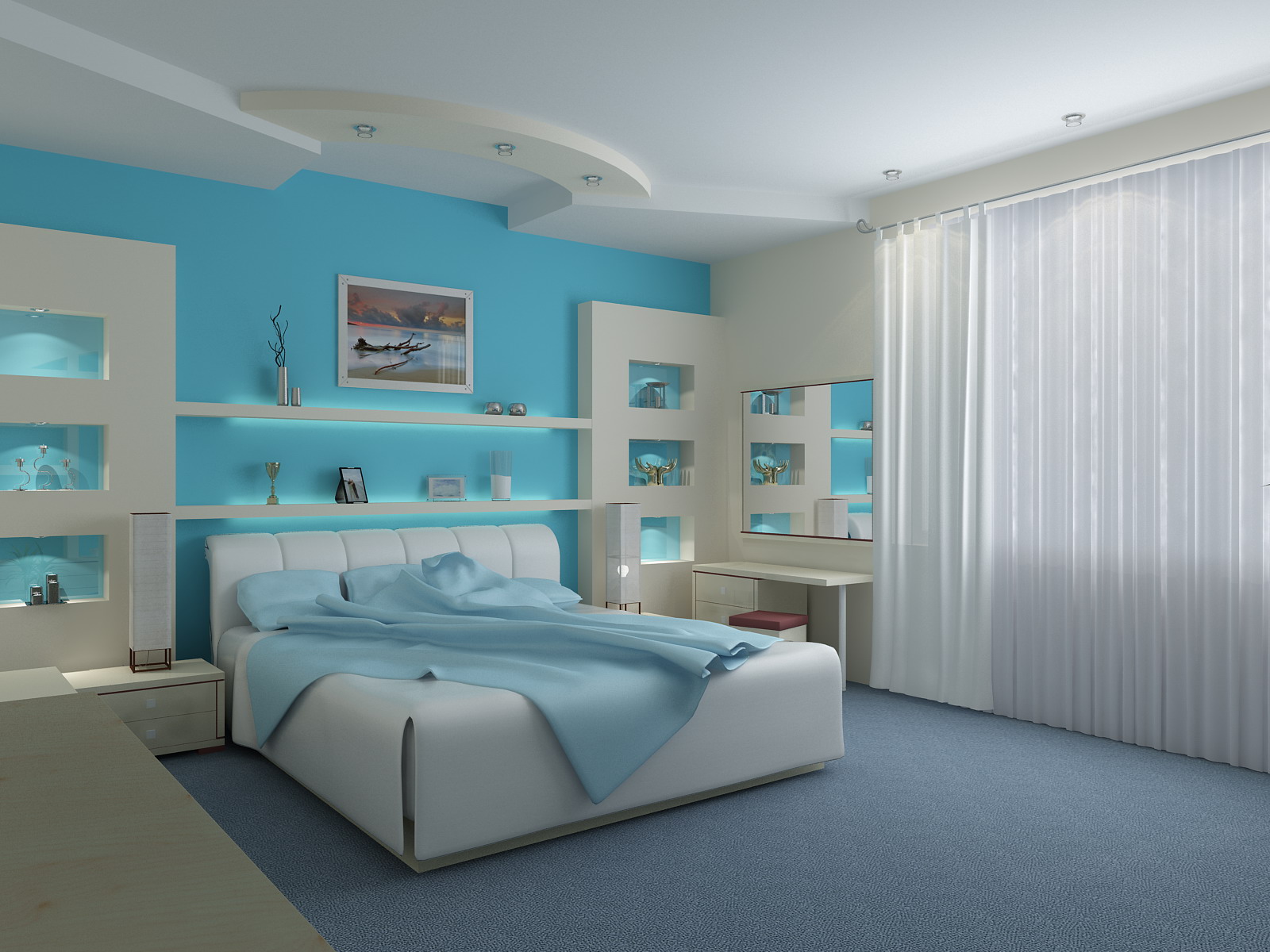 blue and white contemporary bedroom design photo - 2