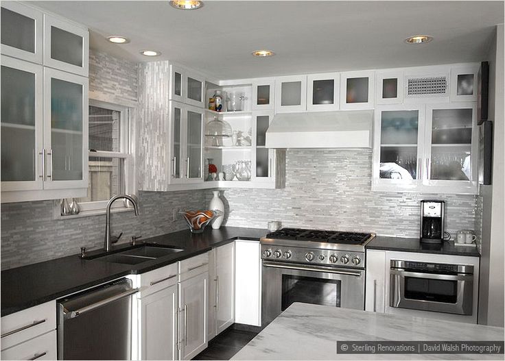kitchen white cabinets dark backsplash photo - 1