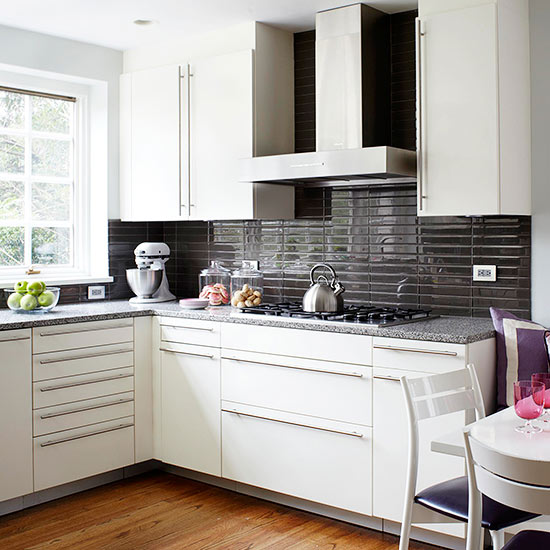 kitchen white cabinets dark backsplash photo - 8