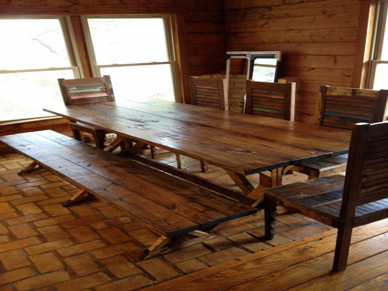 rustic dining room table bench photo - 5