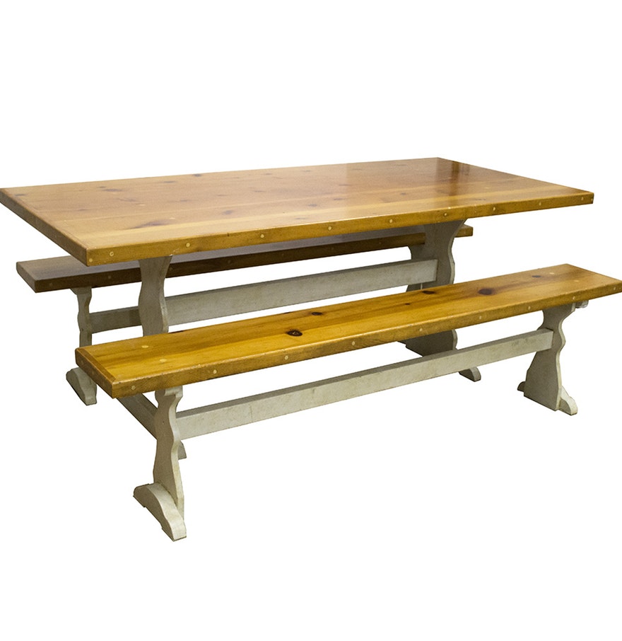 rustic pine dining table bench photo - 5