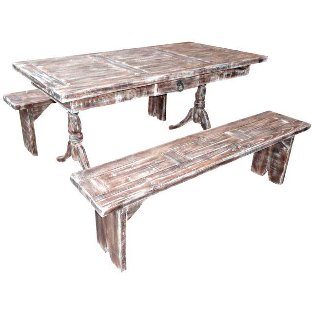 rustic pine dining table bench photo - 6